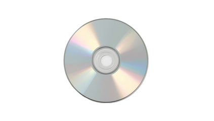 A single compact disc with a reflective sheen, positioned centrally in the frame of the image plane on transparent background