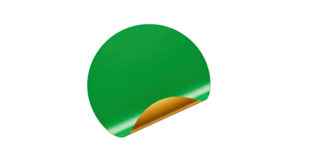 A green circular sticker with a corner peeled up revealing a gold underside on an isolated view on transparent background