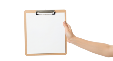 Arm holding a clipboard with a blank white sheet of paper ready for notes or a document to be added on transparent background