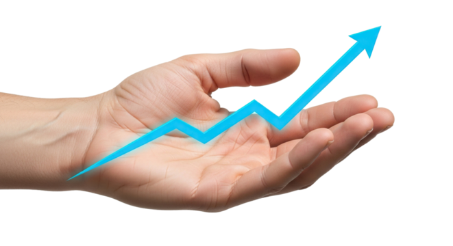 Human hand holding a blue arrow pointing upwards indicating growth and positive trend in business on transparent background
