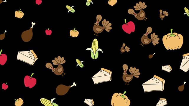 Seamless pattern of autumnal Thanksgiving food icons on a black background