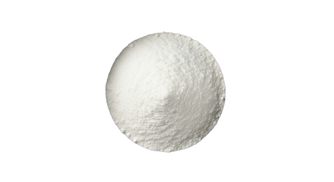 Isolated mound of white powder substance centered in the frame against a plain backdrop area on transparent background