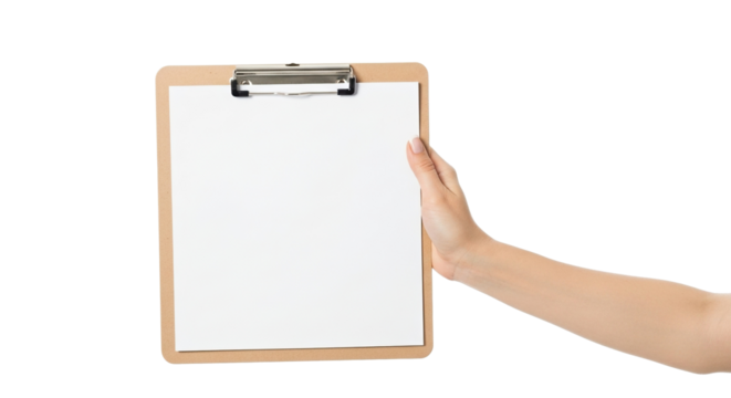 Arm holding a clipboard with a blank white sheet of paper ready for notes or a document to be added on transparent background