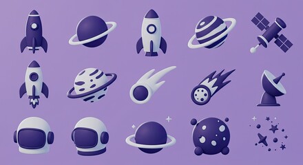 Explore the cosmos with this vibrant collection of 3D rendered space icons featuring planets, rockets, astronauts, and satellites for educational content