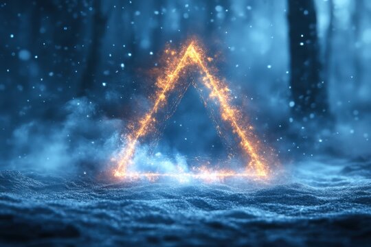 Fire triangle in snowy forest.