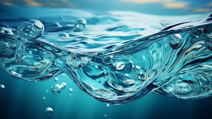 Transparent blue water wave forming curved surface with sunlight reflections. Nature concept
