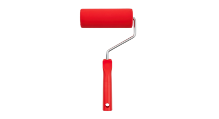 A red paint roller with a handle and metal frame is centered in the image on a plain setting on transparent background