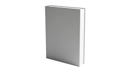 Isolated closed book with a gray cover standing upright against a featureless plane view from the side on transparent background