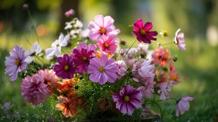 Obraz premium dew. A vibrant floral arrangement glistens with morning dew in a serene English park setting. gardening catalogs, home-decor guides, designed for gardening and botanical catalogs, celebrates nature.