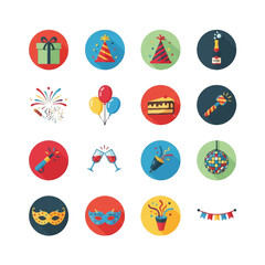 Fototapeta premium Colorful party elements arranged in circular buttons representing celebration and festive mood for birthday or special event.