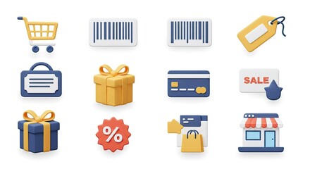 Elevate your e-commerce visuals with these vibrant 3D shopping icons perfect for modern web design, app interfaces, and engaging marketing campaigns