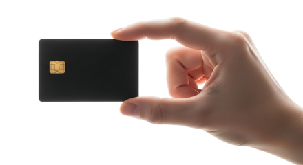 Hand holding a credit card with a golden chip between thumb and index finger in a close up view on transparent background