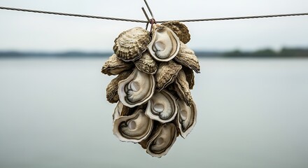 Oysters Hanging on a String - Fresh Seafood Delicacy.