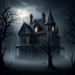 Eerie Mansion in the Mist - A Haunting Halloween Scene.