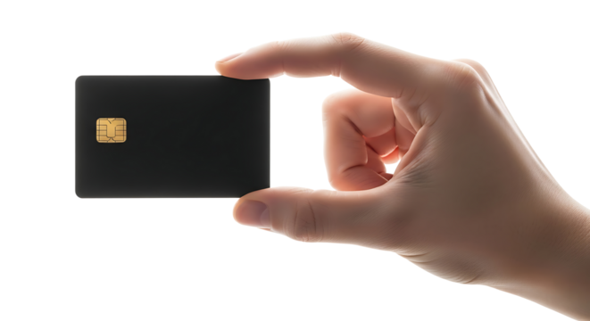 Hand holding a credit card with a golden chip between thumb and index finger in a close up view on transparent background