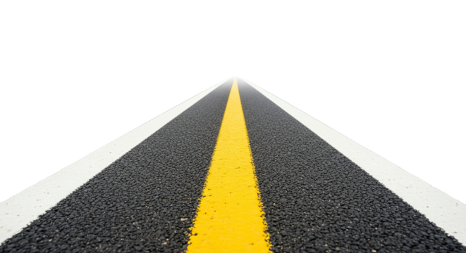 Asphalt road with yellow and white lane markings vanishing into the distance perspective view on transparent background