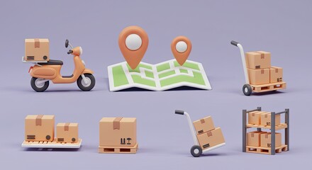Streamline your logistics with this adorable delivery set, perfect for illustrating e-commerce, shipping solutions, or location-based services in a fun way