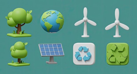 Embrace eco-friendly living with these adorable cartoon icons representing recycling, solar panels, wind energy, trees, and a healthy, vibrant Earth