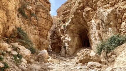 A narrow canyon with a rock archway.
