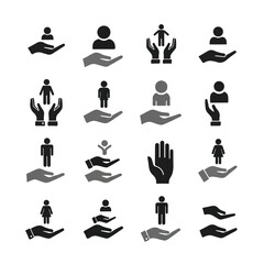 Hands holding human figures representing care and support in a minimalist style, symbolizing protection and community on a clean white canvas.