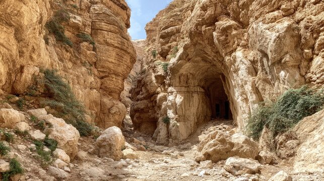 A narrow canyon with a rock archway.