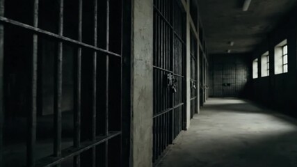Cinematic B-roll footage of a penitentiary prison interior, focusing on jail cells with sturdy iron bars. The camera pans slowly across empty corridors, capturing the harsh, stark environment - Powered by Adobe