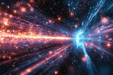 Naklejka premium An abstract depiction of quantum entanglement with vibrant energy waves and colorful particles creating an ethereal cosmic atmosphere