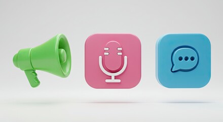 Boost your brand with dynamic social media icons megaphone, microphone, chat bubble for engaging communication strategy and modern marketing solutions