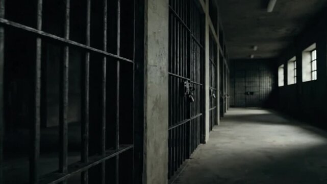 Cinematic B-roll footage of a penitentiary prison interior, focusing on jail cells with sturdy iron bars. The camera pans slowly across empty corridors, capturing the harsh, stark environment