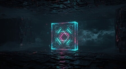 Immersive glowing cube in digital landscape creates a futuristic mood, perfect for technology branding and innovative design projects