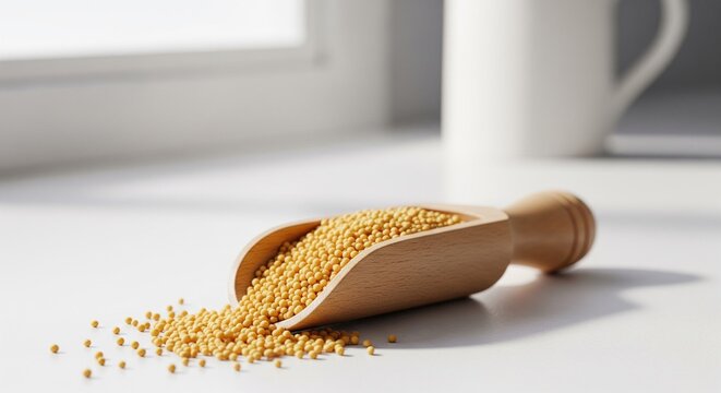 Mustard seeds in a wooden scoop on a white surface, bathed in sunlight