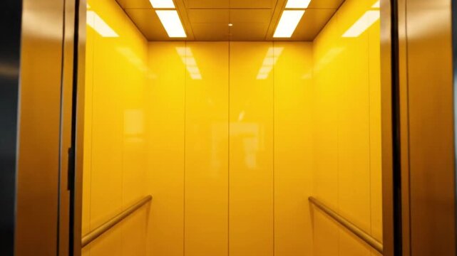 Cinematic footage of a sliding steel elevator door opening to reveal the lift interior in an office building. The walls inside the elevator are bright yellow, with reflections and subtle lighting