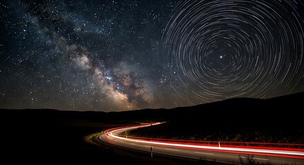 Star Trails Over Winding Road - A Nighttime Journey.