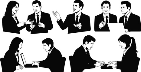 Business silhouette, office meeting, laptop collaboration, professional attire, team discussion, black vector, workplace interaction, formal pose, communication scene