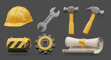 Construction tools and blueprint for professional builders, architects, and contractors create stunning structures with safety and precision equipment