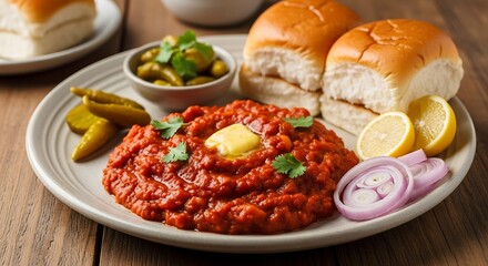 Delicious pav bhaji, a popular indian street food, served with buns, lemon, and onion