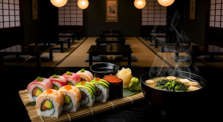 Delicious Japanese Cuisine Served With Fresh Sushi Rolls And Hot Miso Soup