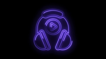 Animated neon headphones with play button glowing on a black background for music and audio