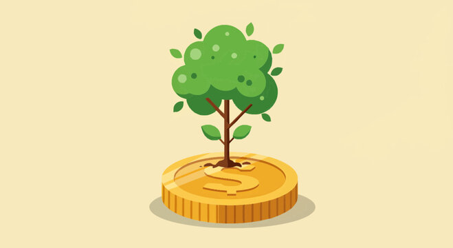 Vibrant green tree sprouting from a shining gold coin, powerfully symbolizing smart financial investments, sustainable wealth growth, and the prosperous journey of economic development and saving