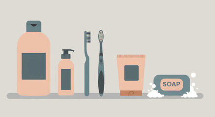 Flat design illustration of essential personal hygiene products for daily self-care routines, including soap, shampoo, lotion, and toothbrushes, neatly arranged on a bathroom shelf