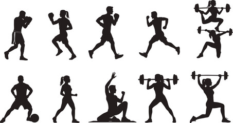 Fitness silhouette, exercise pose, barbell lift, boxing stance, jogging motion, partner workout, black vector, strength training, cardio, flexibility