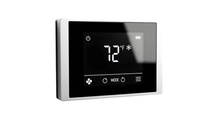 Smart thermostat isolated on transparent background, a modern device for home automation, energy efficiency, and climate control in a connected home