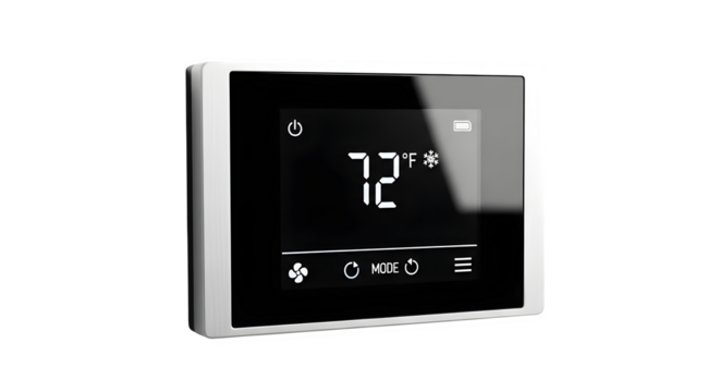Smart thermostat isolated on transparent background, a modern device for home automation, energy efficiency, and climate control in a connected home