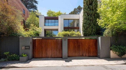 Modern home with a double wooden gate.