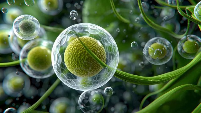 Chlorophyll process concept ,Floating chlorophyll molecules green plant cells with transparent membranes create vibrant biology