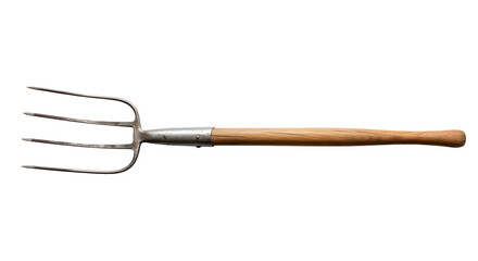 Isolated on transparent background, a long handled pitchfork with four tines, used for lifting and pitching hay, straw, or manure in farming and gardening