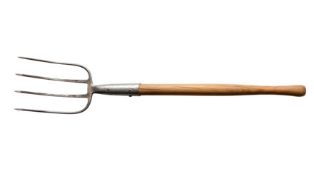 Isolated on transparent background, a long handled pitchfork with four tines, used for lifting and pitching hay, straw, or manure in farming and gardening