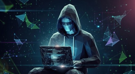 A hooded figure using a laptop with a digital interface on the screen, surrounded by abstract geometric shapes and glowing lights.