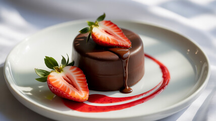 Delicious chocolate dessert with fresh strawberries on a white plate