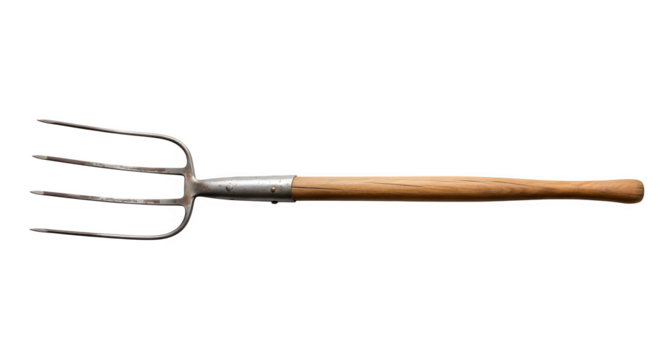 Isolated on transparent background, a long handled pitchfork with four tines, used for lifting and pitching hay, straw, or manure in farming and gardening